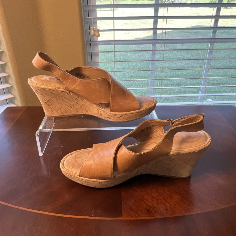 Born Tan Leather Cork Wedge Sandals Women Sz 9 Boho F19641 Comfort High Heel